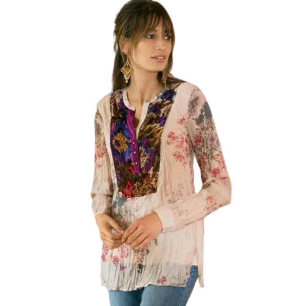 Soft Surroundings Womens Size Medium Silk Blend Multicolor Floral Aria Tunic Top